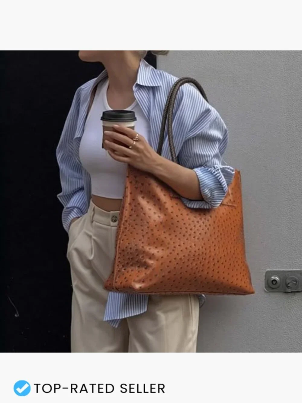 Ostrich Embossed Faux Leather Large Tote Shoulder Bag with Pouch Office Travel